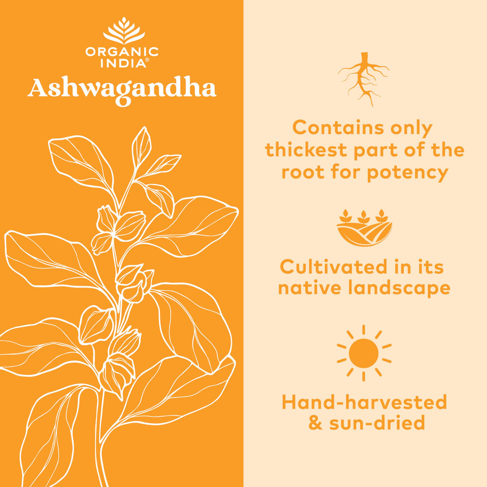 Organic India Ashwagandha packaging box shown in a daily wellness routine.