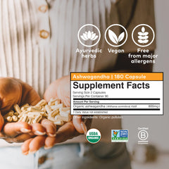 Organic India Ashwagandha capsule pour into hand for easy daily use and focus.