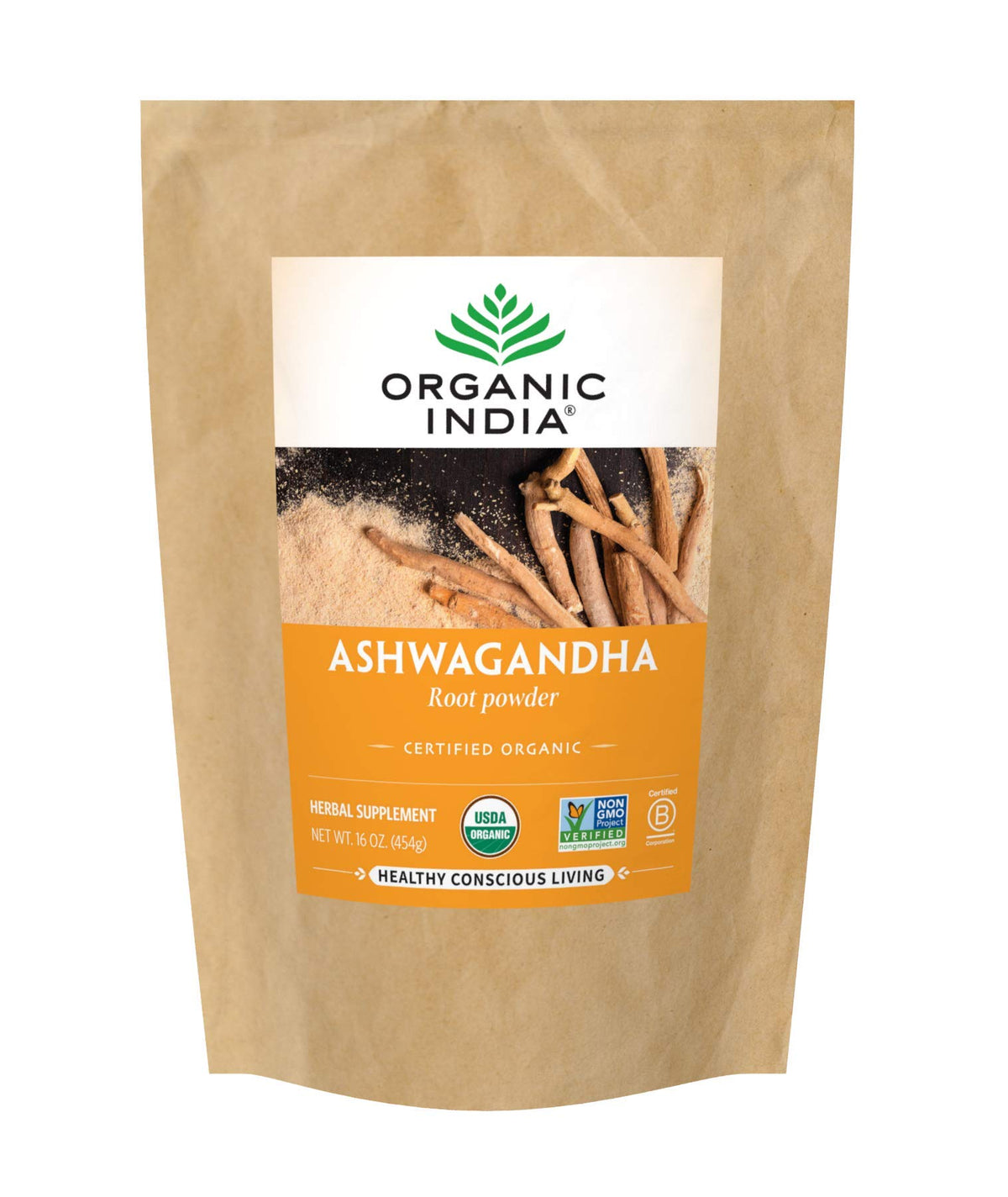 ORGANIC INDIA Ashwagandha powder bag front promoting daily resilience and balance