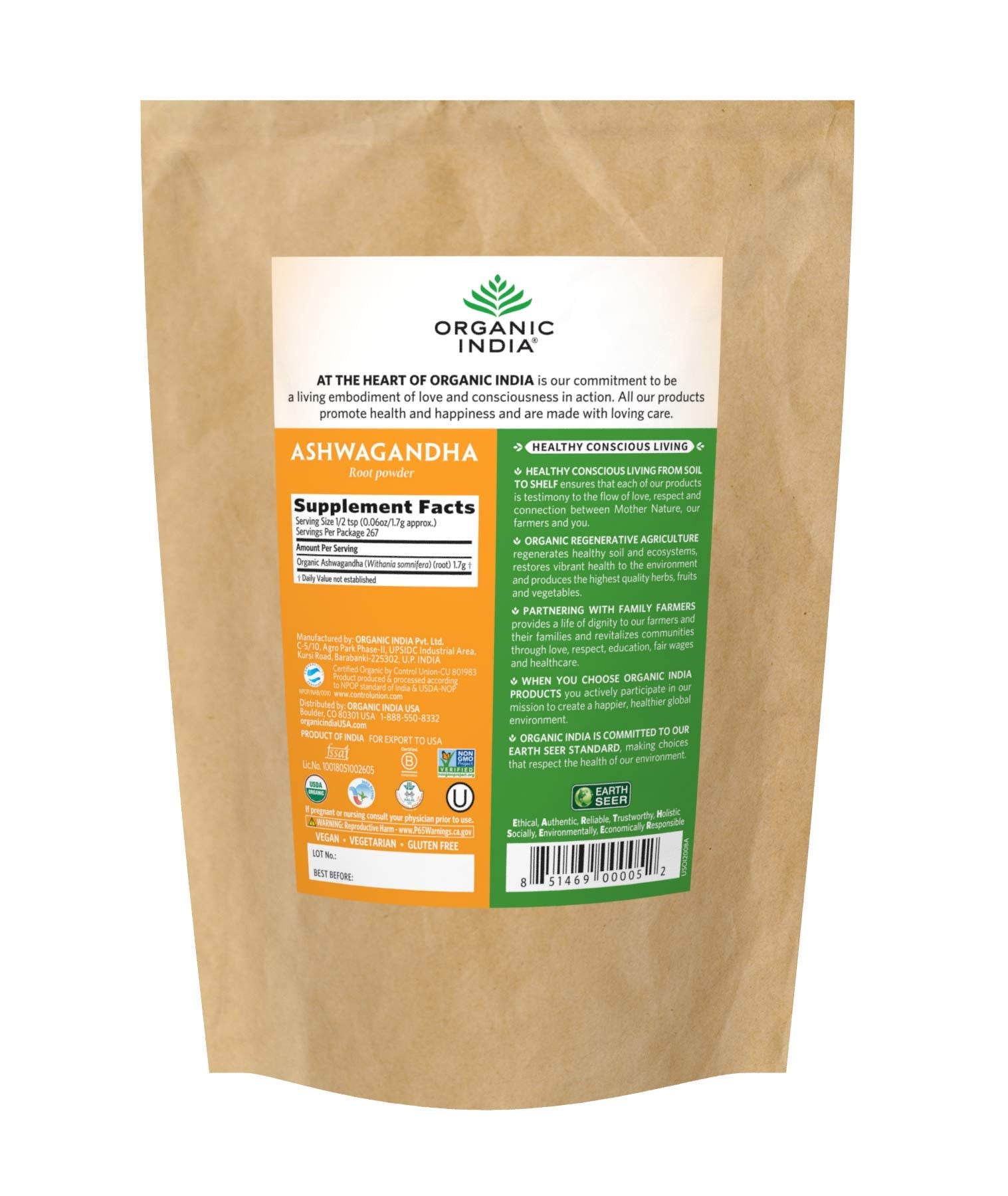 ORGANIC INDIA Ashwagandha powder label closeup highlighting organic non-GMO sourcing for stress support