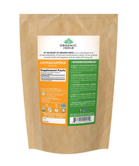 ORGANIC INDIA Ashwagandha powder label closeup highlighting organic non-GMO sourcing for stress support