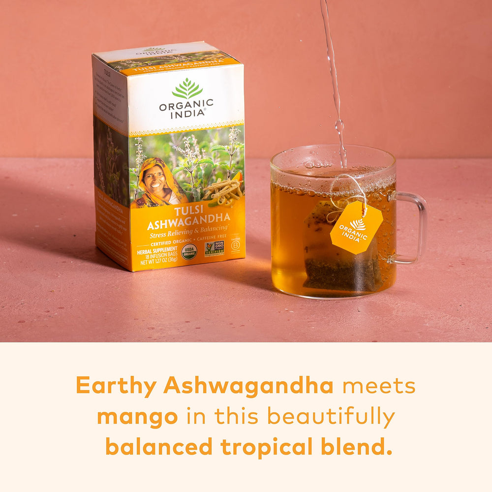 Ashwagandha roots and Tulsi leaves in the herbal blend.