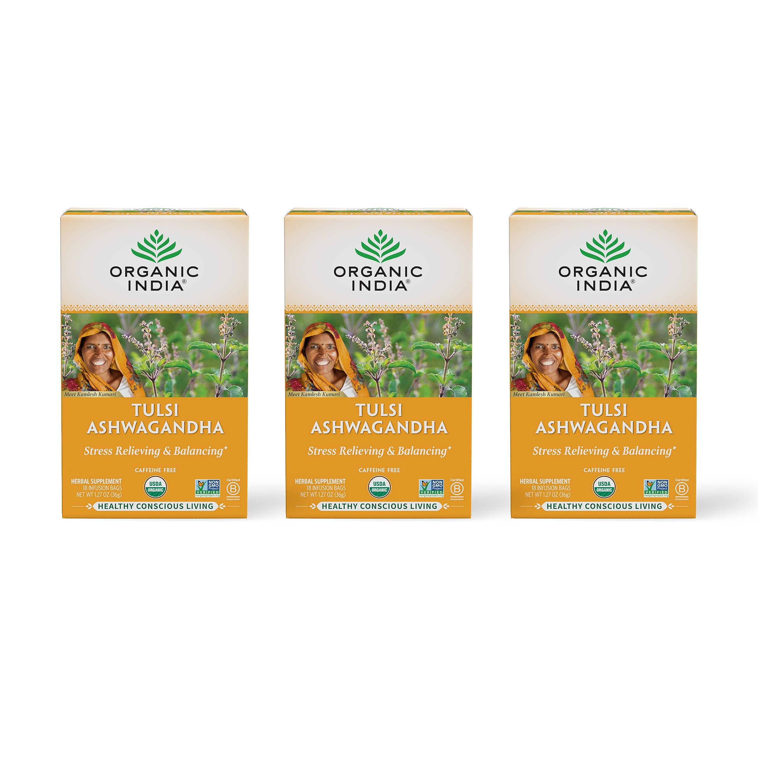 ORGANIC INDIA calming Tulsi Ashwagandha tea pack for a soothing evening ritual.