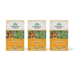ORGANIC INDIA calming Tulsi Ashwagandha tea pack for a soothing evening ritual.