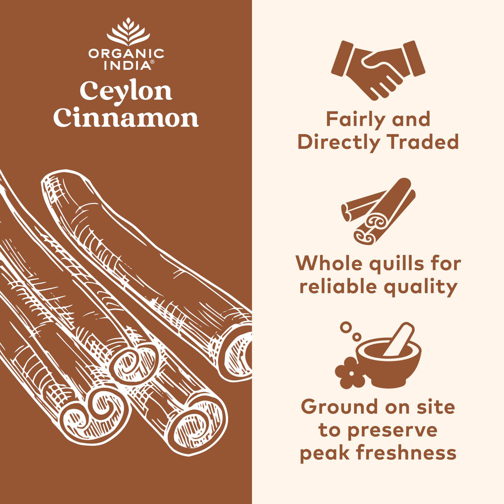 ORGANIC INDIA Ceylon Cinnamon capsules in palm for a quick daily supplement