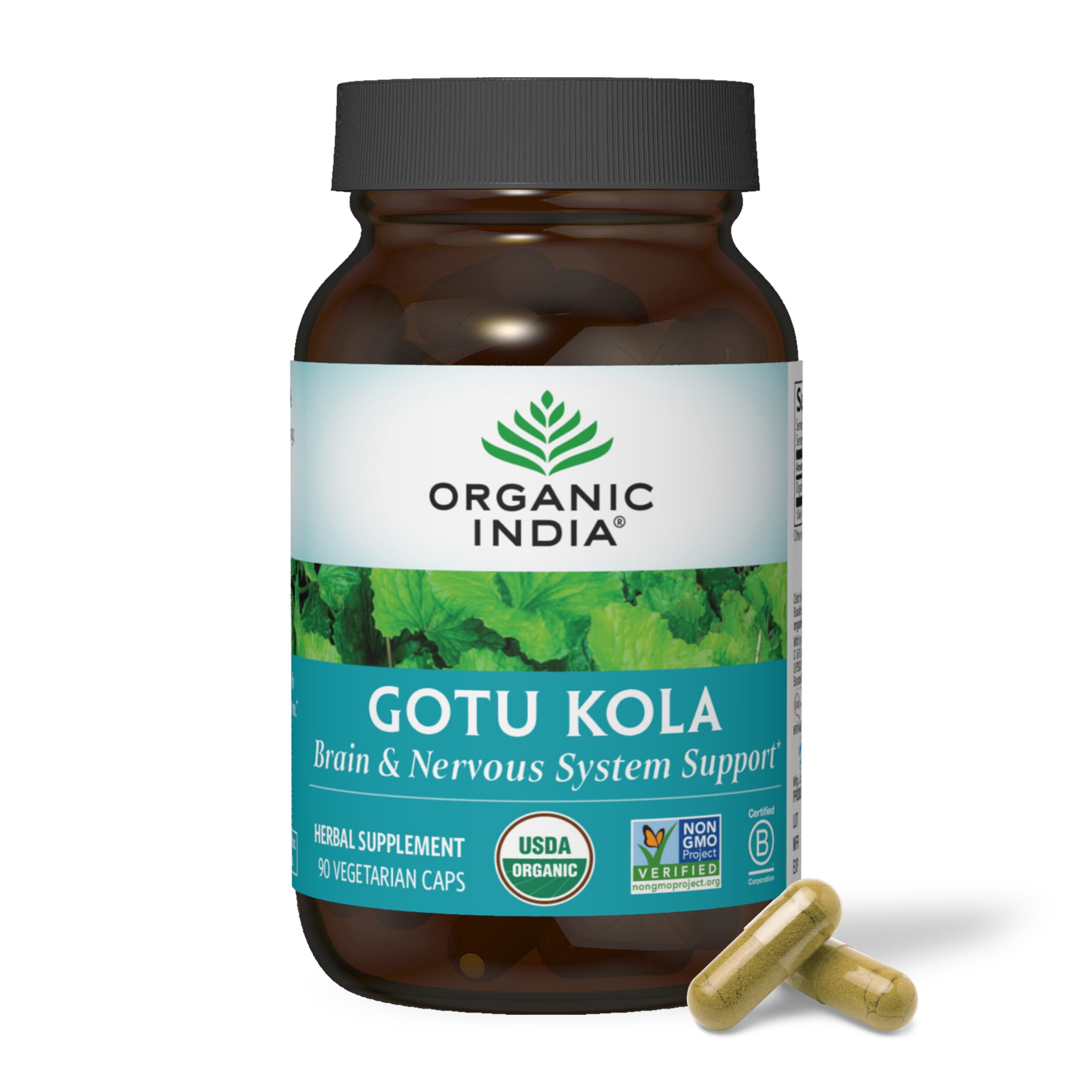 ORGANIC INDIA Gotu Kola bottle front view for cognitive support.