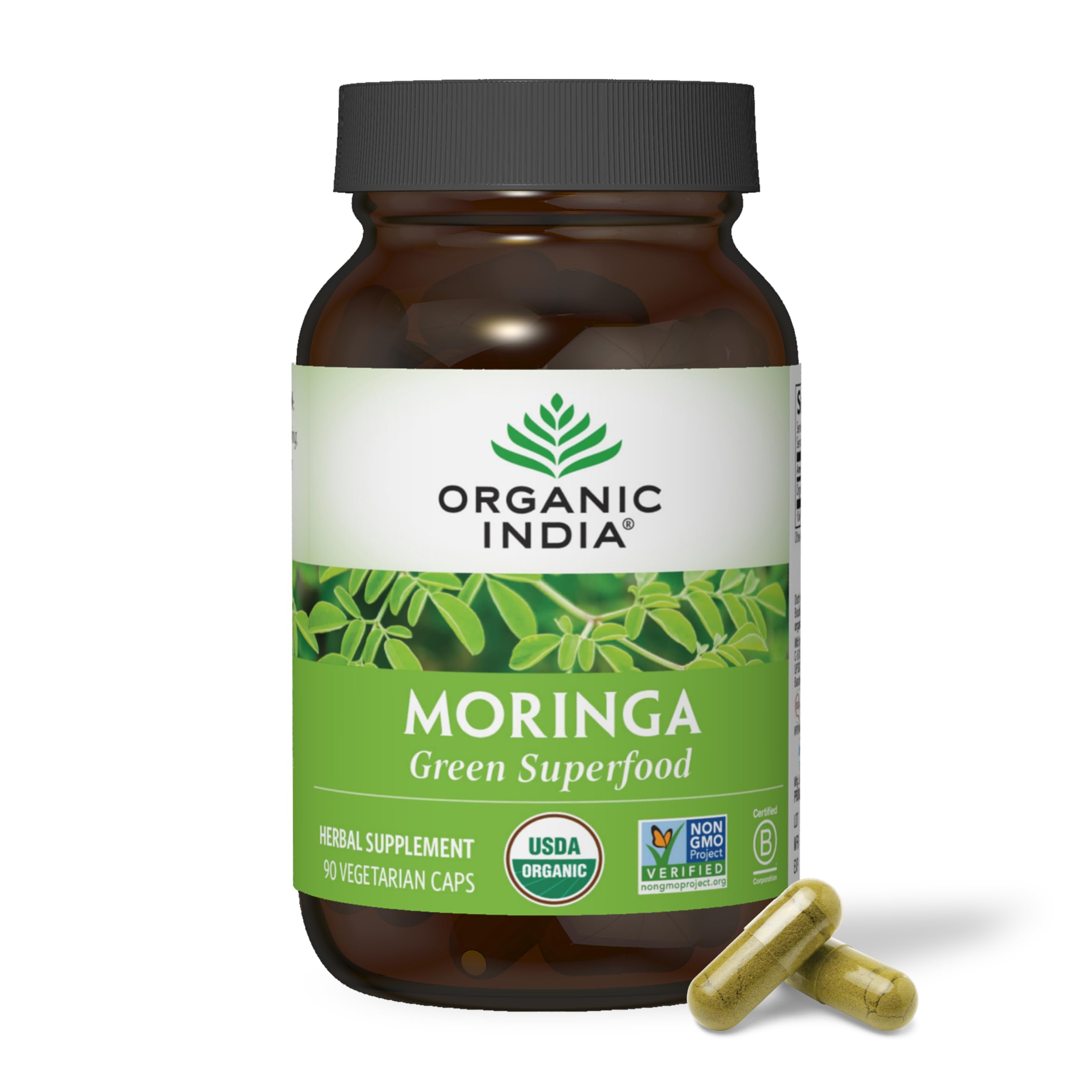 Organic India Moringa bottle front view highlighting a nutrient-dense plant supplement