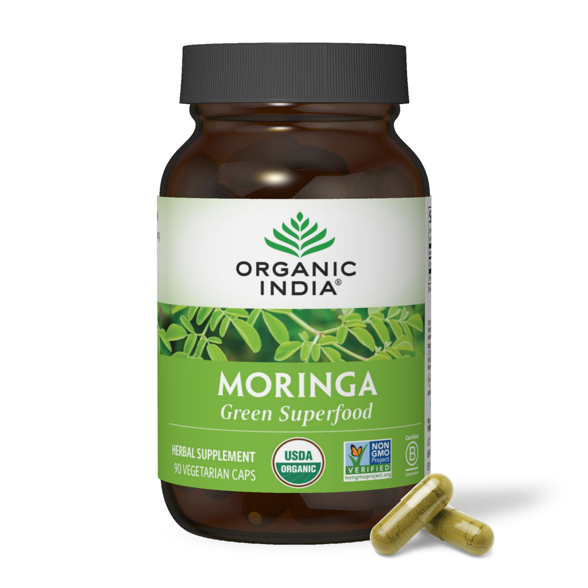 Organic India Moringa bottle front view highlighting a nutrient-dense plant supplement