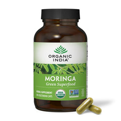 Organic India Moringa capsules bottle front promotes daily greens for vitality.