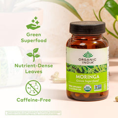 Organic India Moringa capsules bottle side highlights vegan gluten-free nutrition.