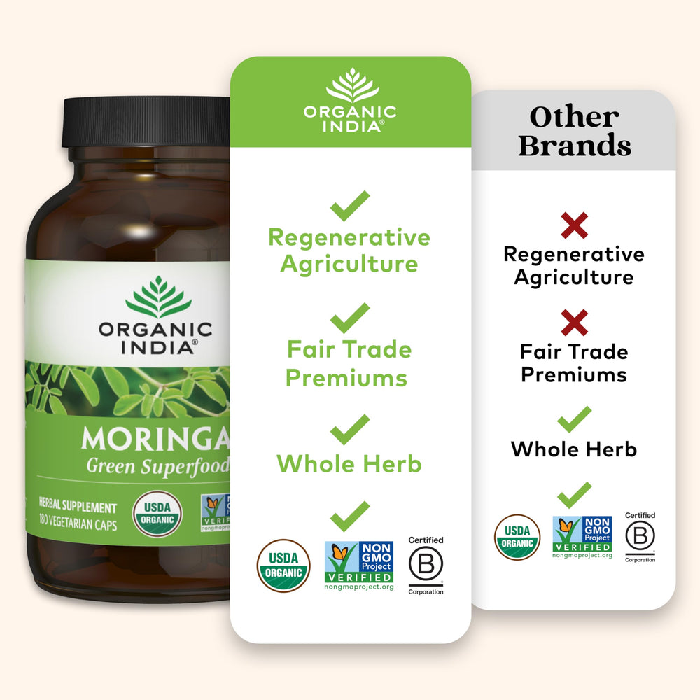 Organic India Moringa capsules in hand suggests simple daily wellness routine.