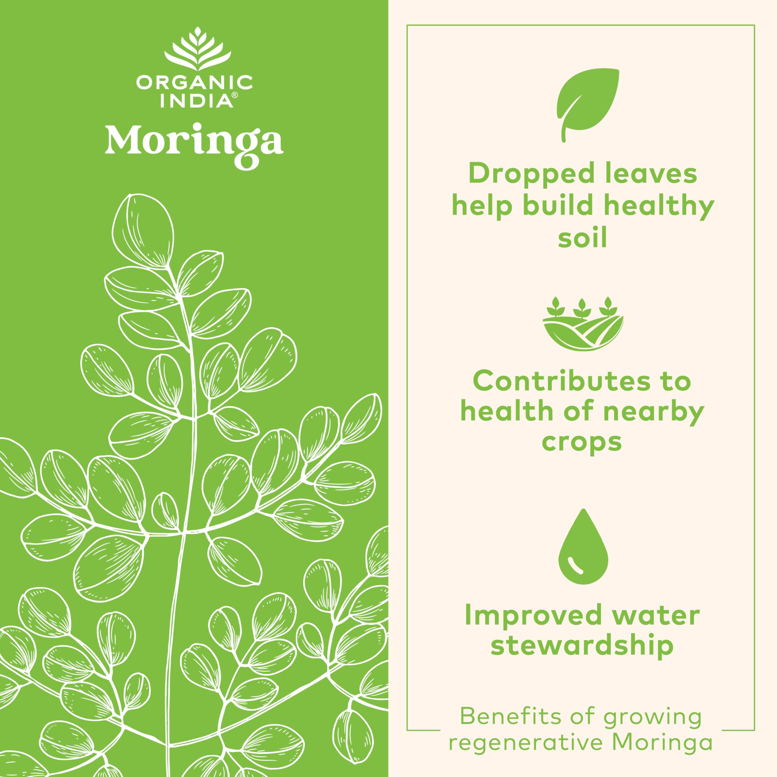 Organic India Moringa capsules label closeup reveals antioxidant-rich leaf capsules.