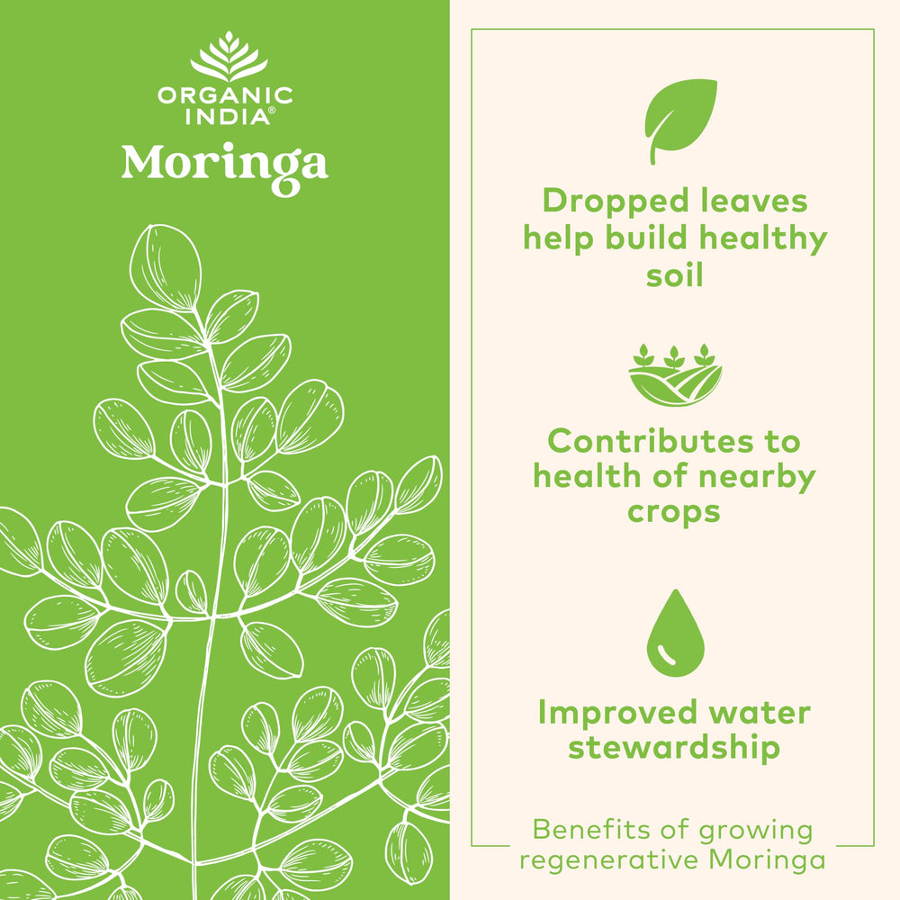 Organic India Moringa capsules label closeup reveals antioxidant-rich leaf capsules.