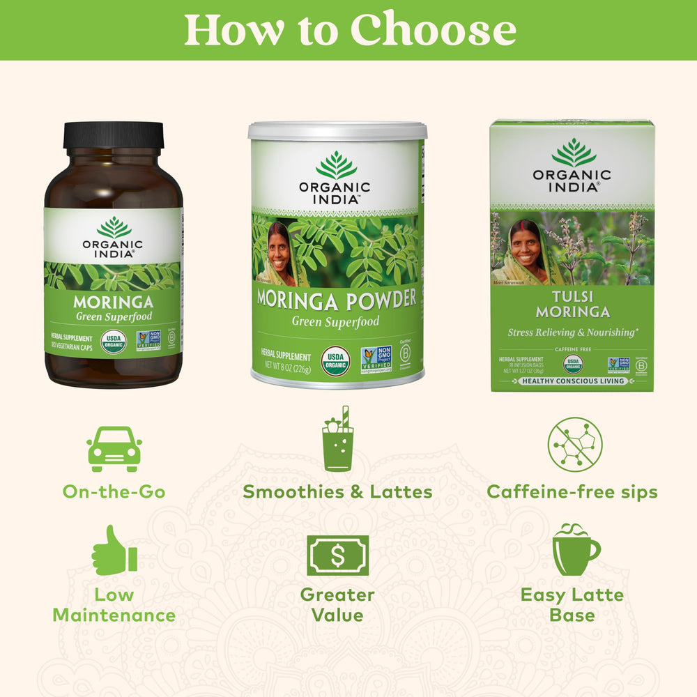 Organic India Moringa capsules packaging reinforces plant-based multinutrient appeal.