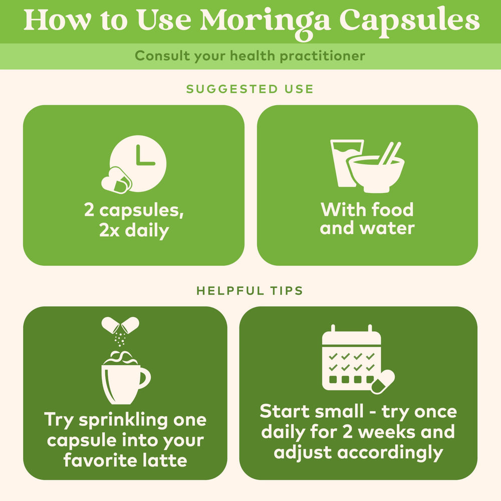Organic India Moringa capsules pour demonstrates easy daily dosage.