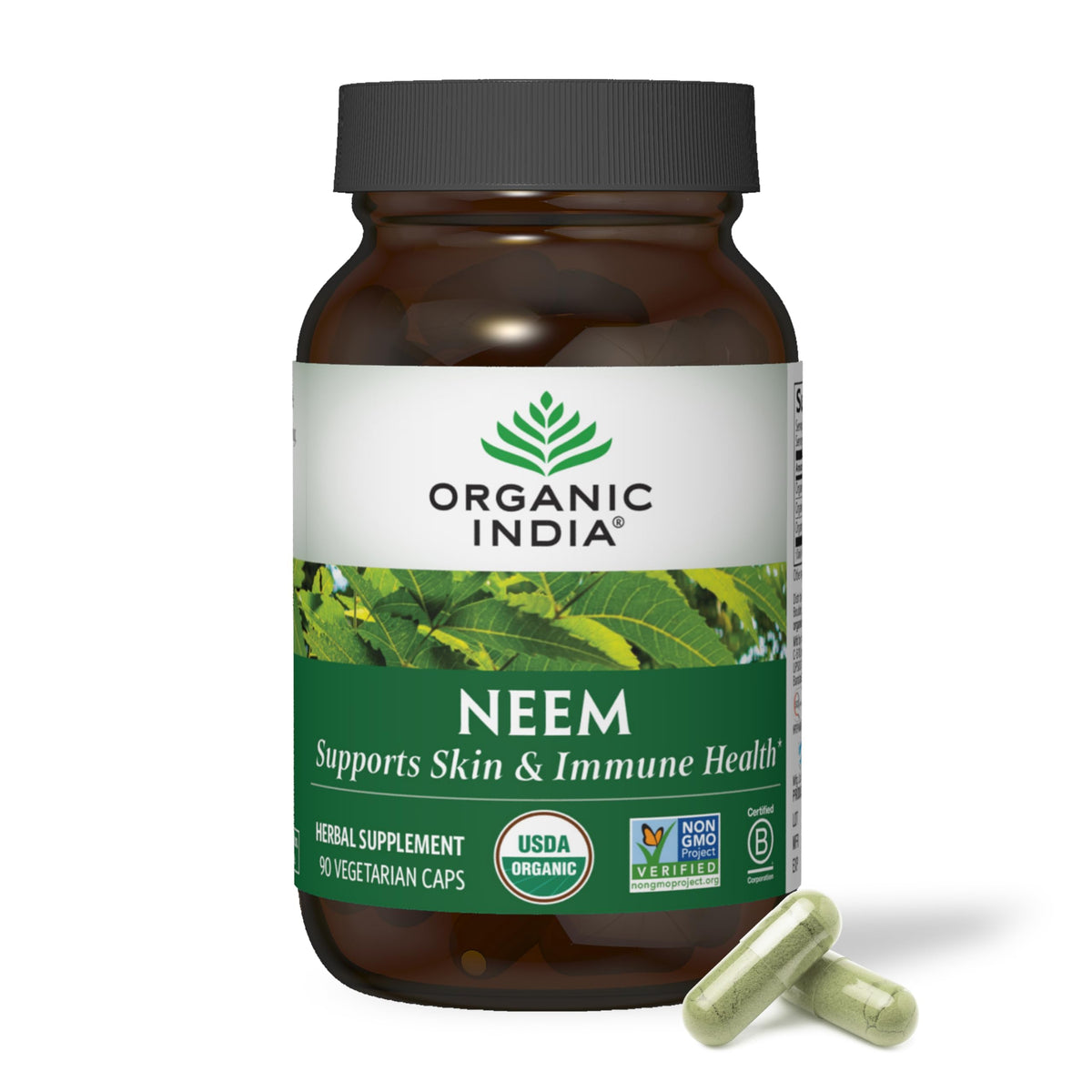 Organic India Neem Leaf Capsules bottle front showing natural packaging and wellness appeal