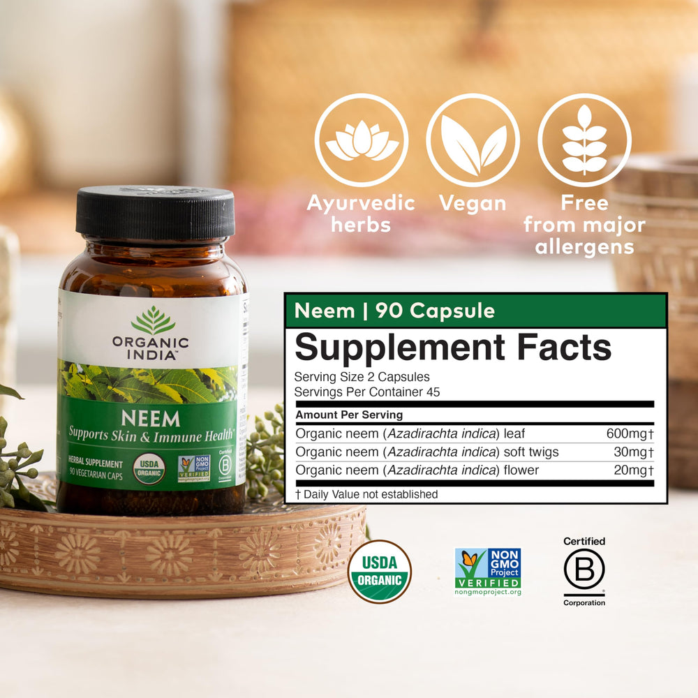 Organic India Neem Leaf Capsules packaging close-up emphasizing certification