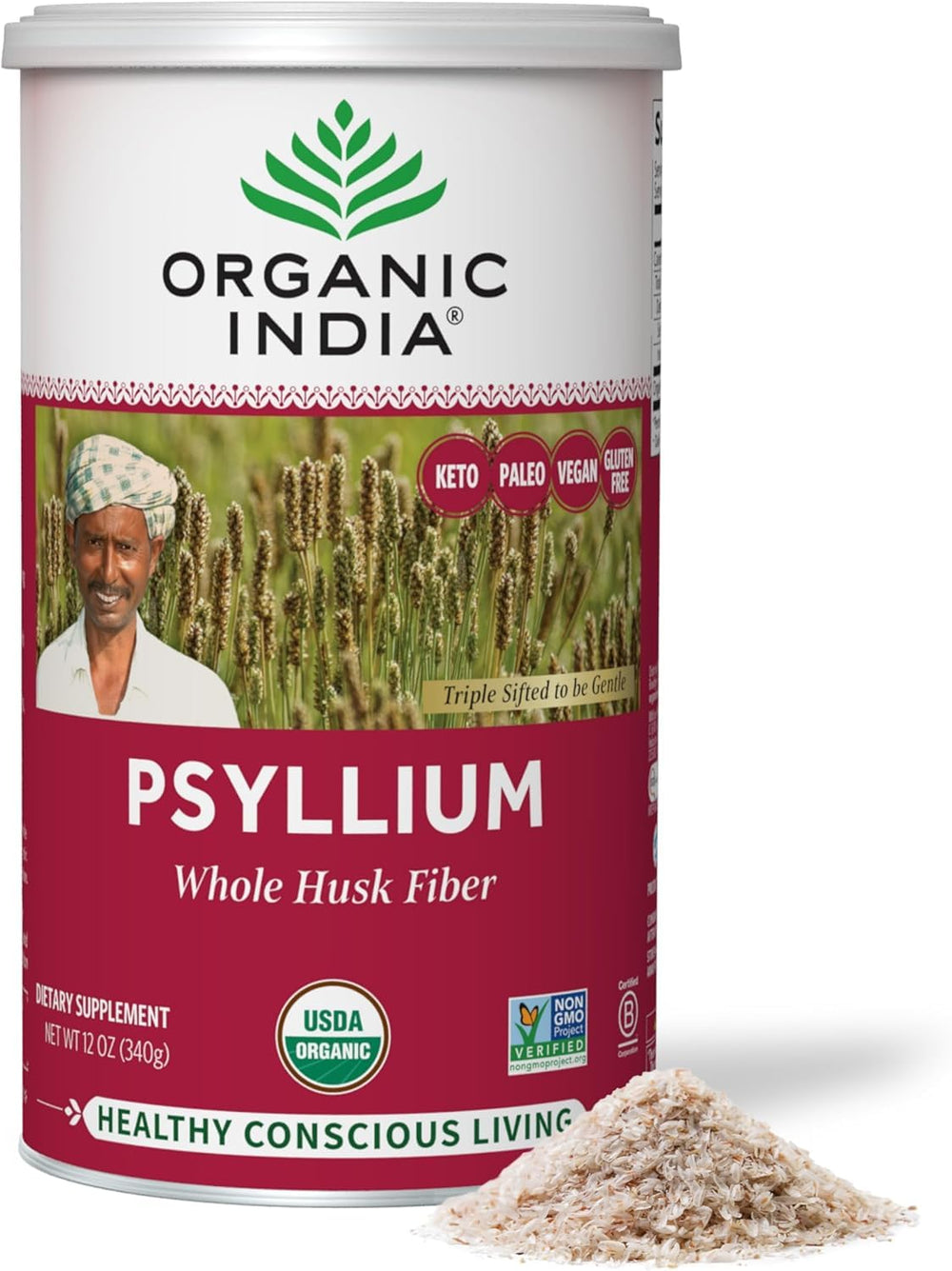 Organic India psyllium herbal powder canister for daily fiber support