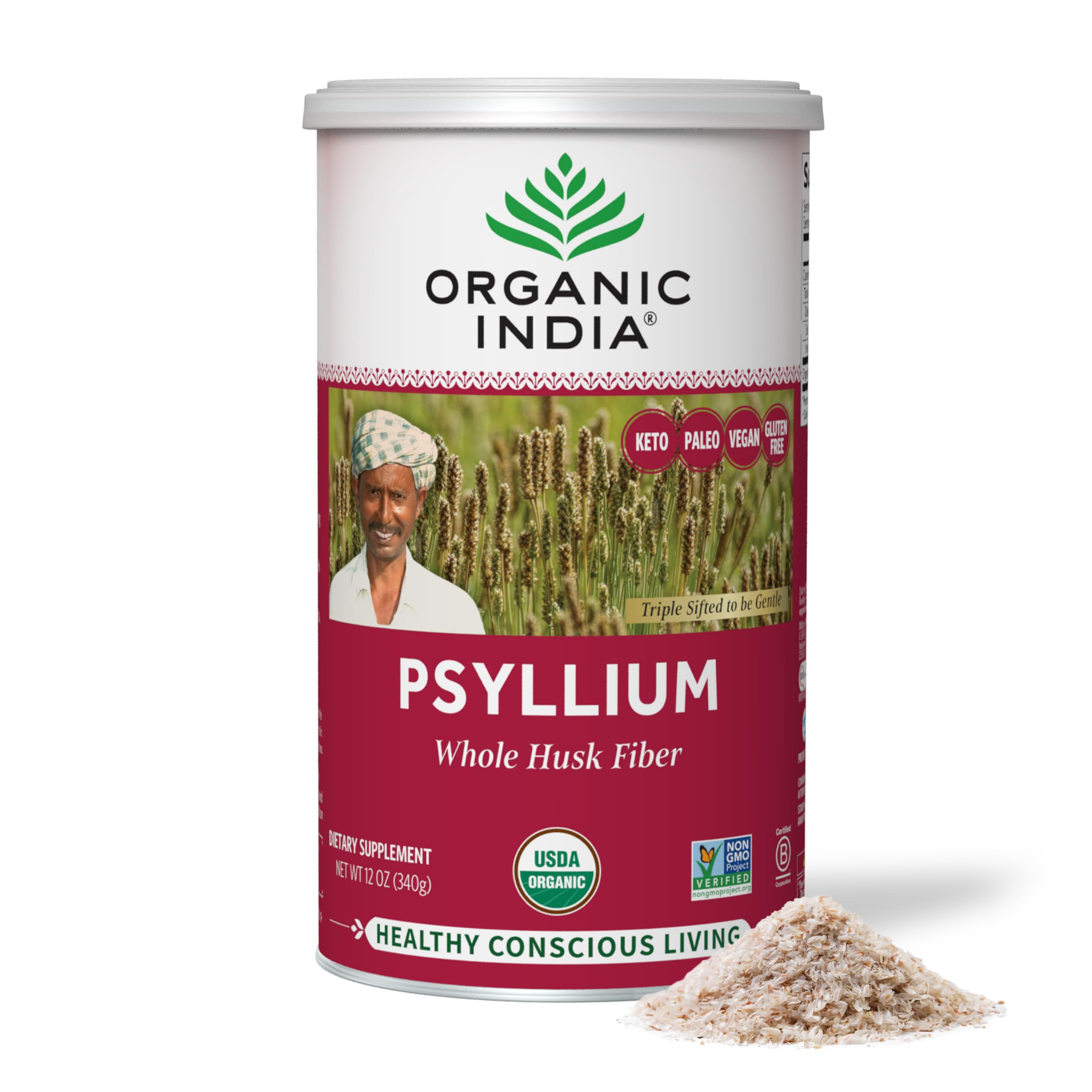 Organic India Psyllium Herbal Powder canister with label for daily fiber support.