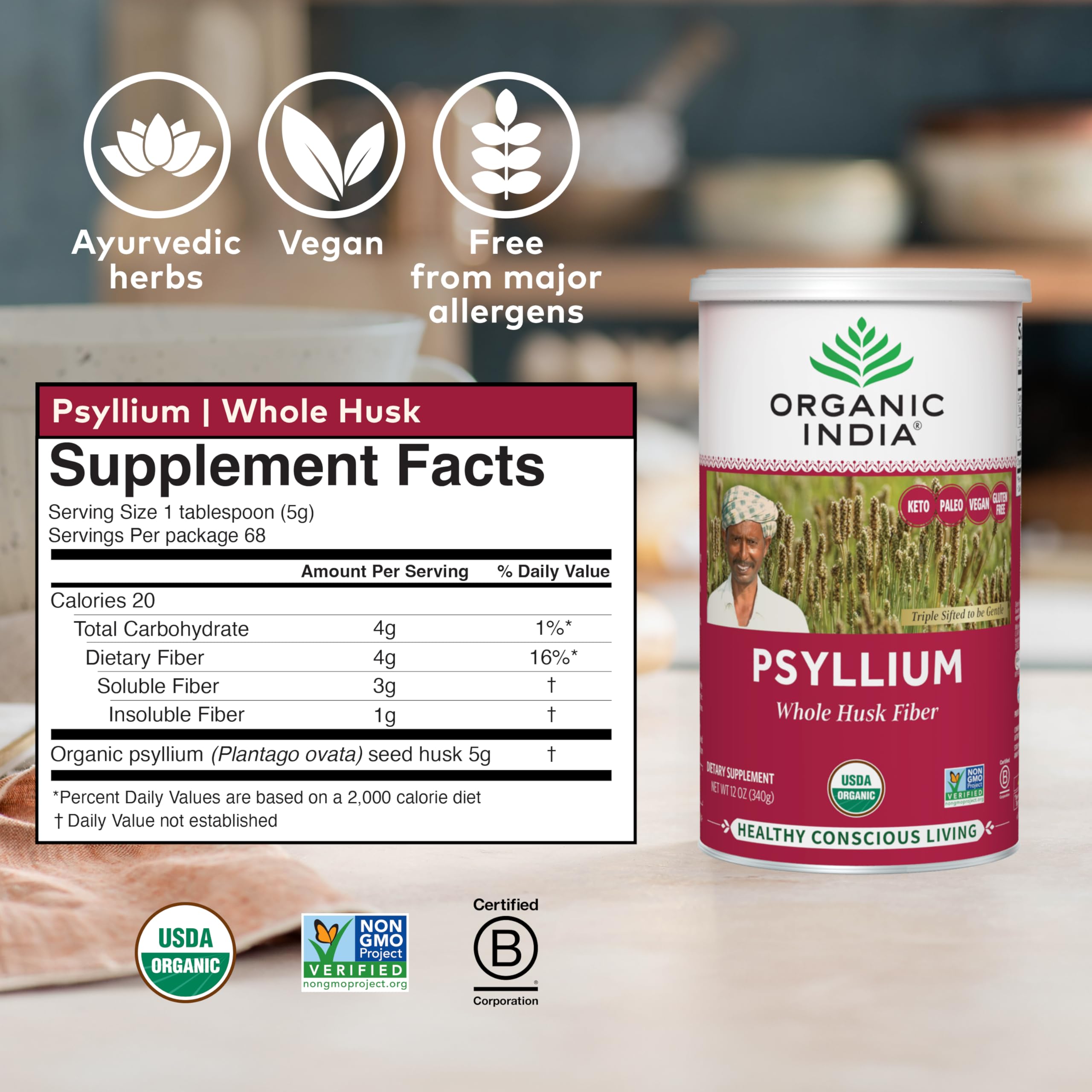 Organic India Psyllium Herbal Powder label close-up detail.