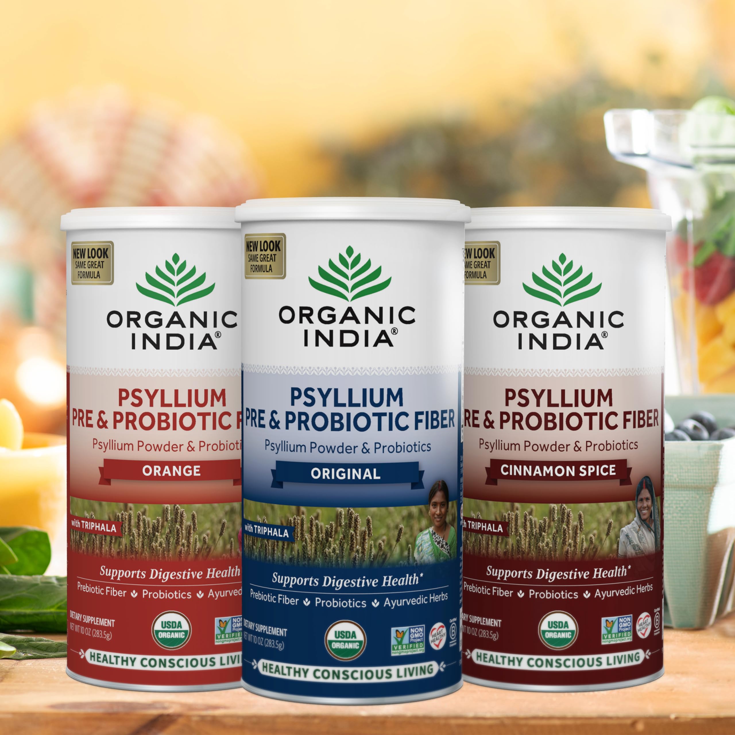 Organic India Psyllium Husk Powder container in kitchen highlighting regenerative farming