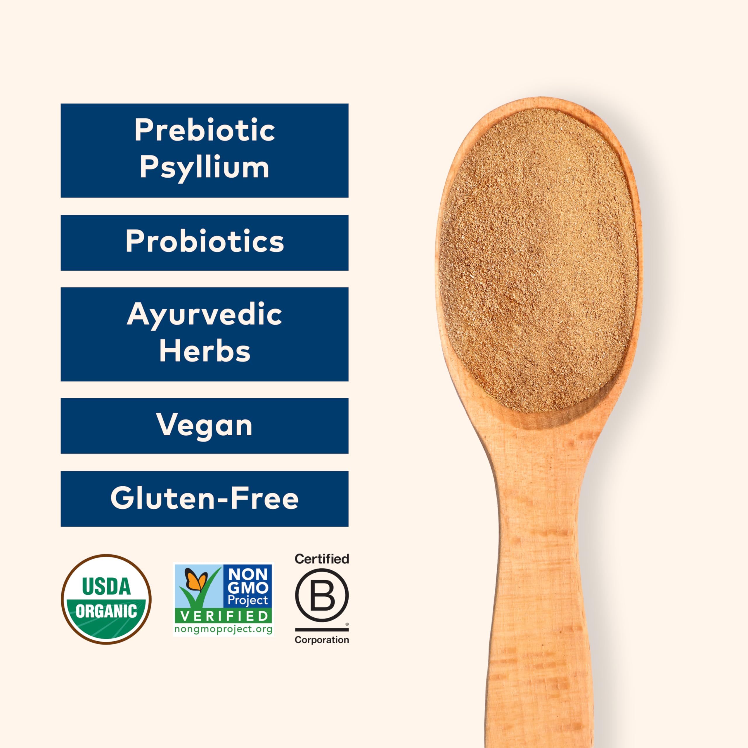 Organic India Psyllium Husk Powder scoop beside jar for easy mixing