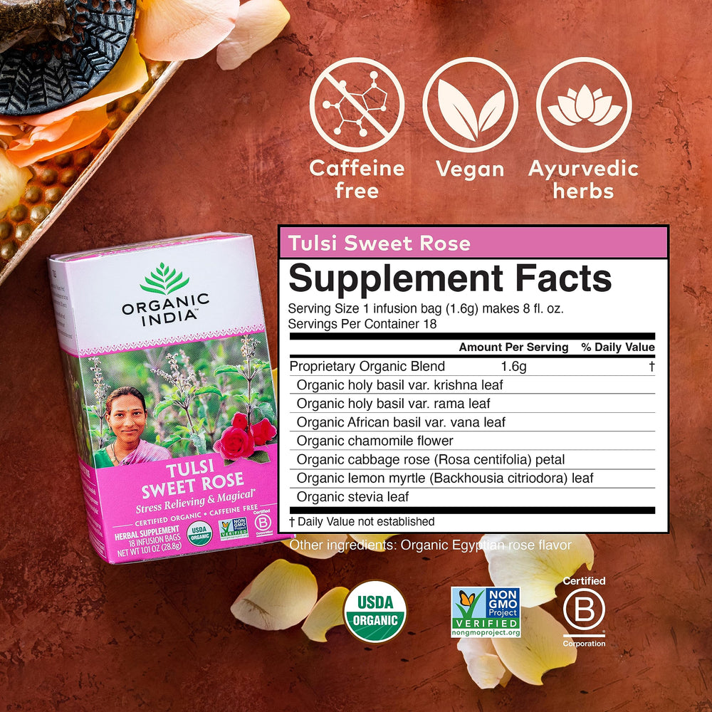 Organic India rose-petal-aroma tea with floral scent