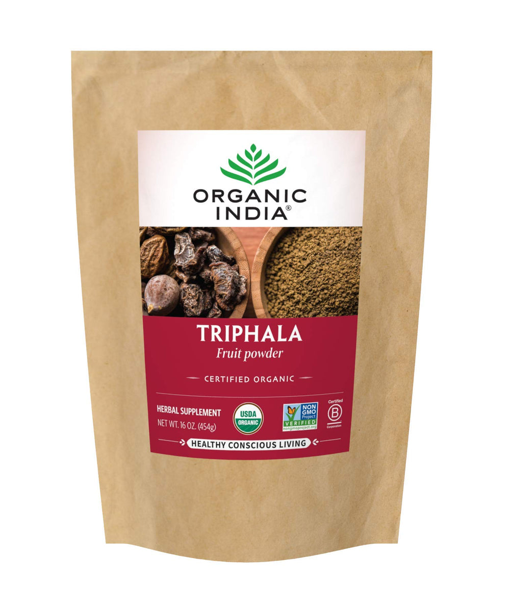 Organic India Triphala bottle front showing label and daily digestion support