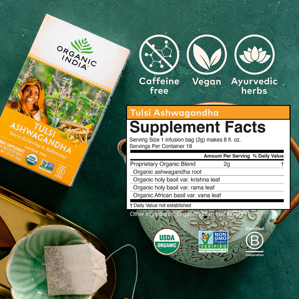 Pouring a cup of ORGANIC INDIA Tulsi Ashwagandha tea for relaxation.