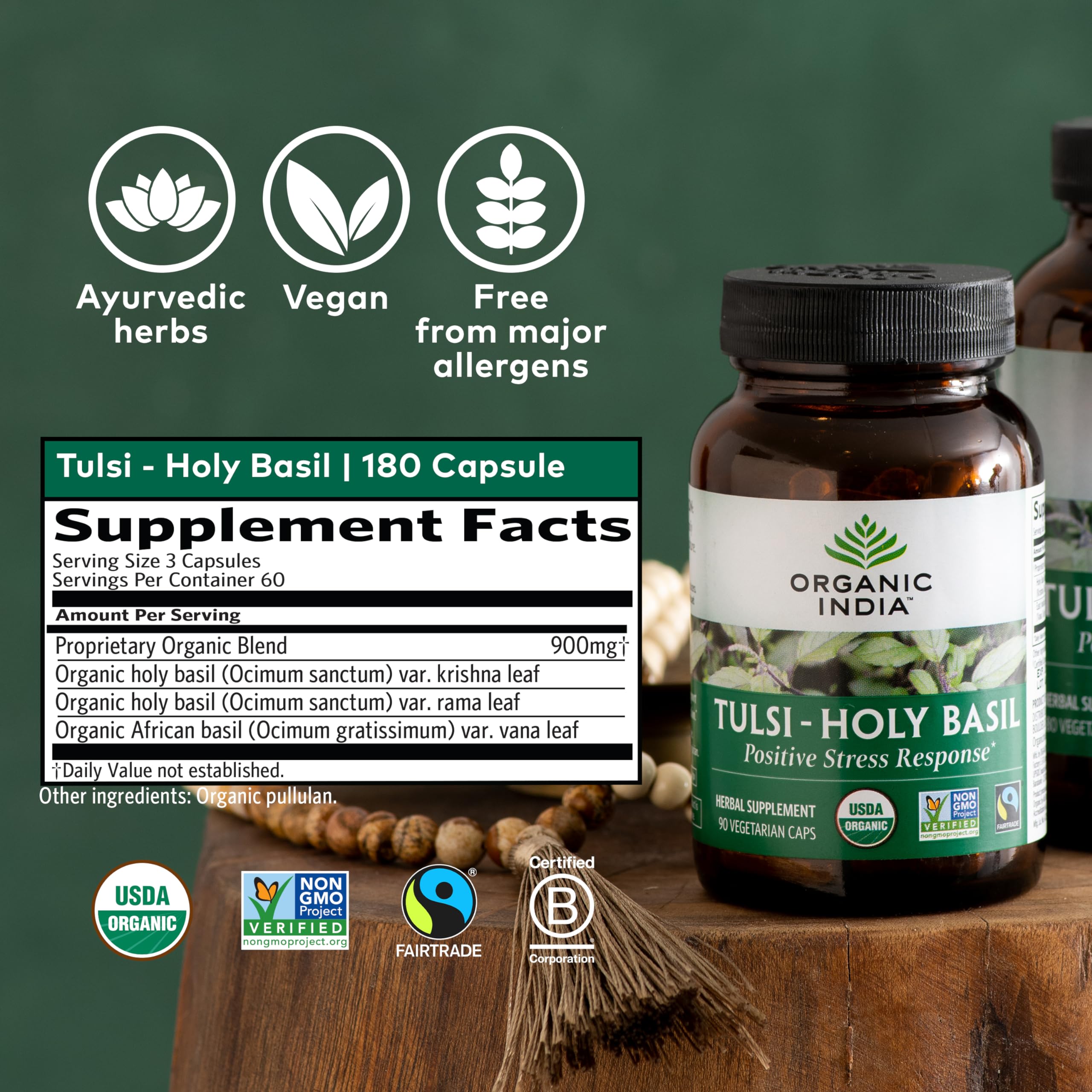 Graphic of Organic India Tulsi benefits summarizing adaptogenic and calming potential