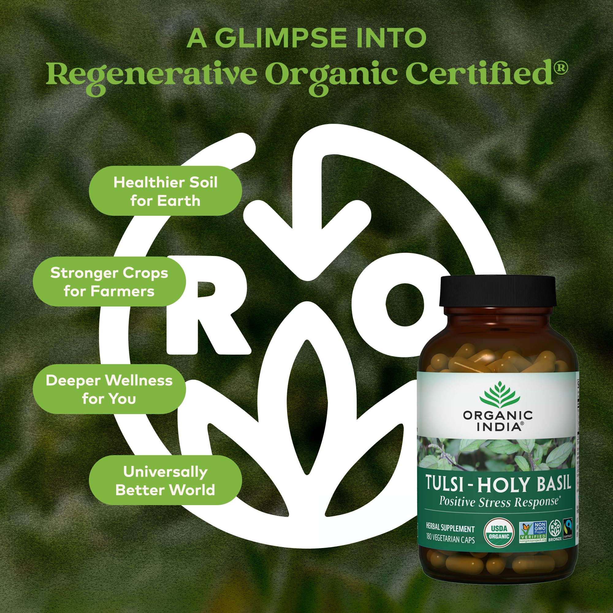 Organic India Tulsi bottle label highlighting organic herbal formulation