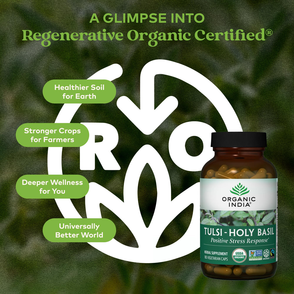 Organic India Tulsi bottle label highlighting organic herbal formulation