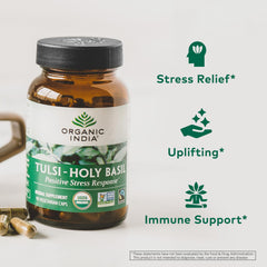 Organic India Tulsi capsules dispensed in a standard daily serving context