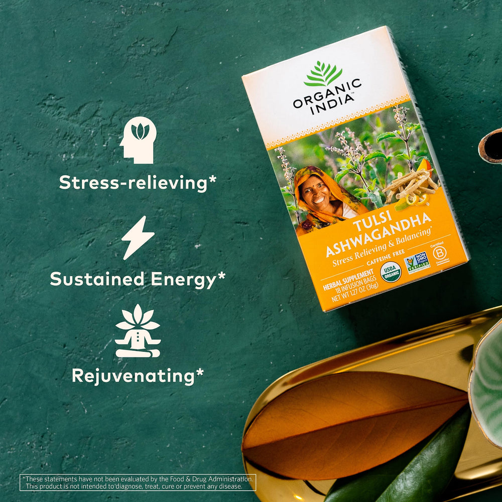 Tulsi leaves close-up with herbaceous aroma and color for ORGANIC INDIA tea.