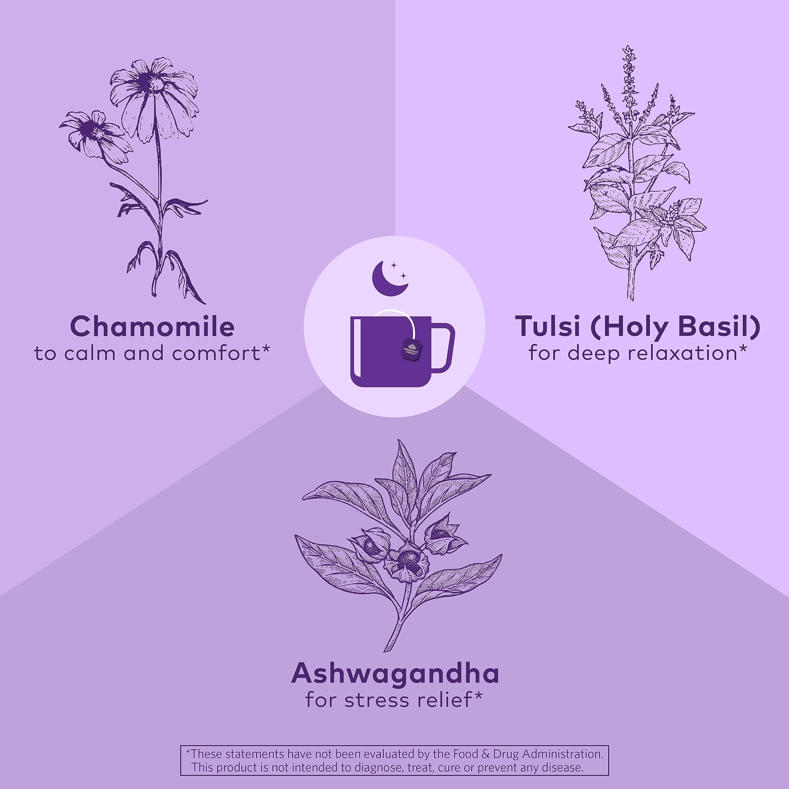 Organic India Tulsi Sleep blend close-up showing chamomile and ashwagandha.