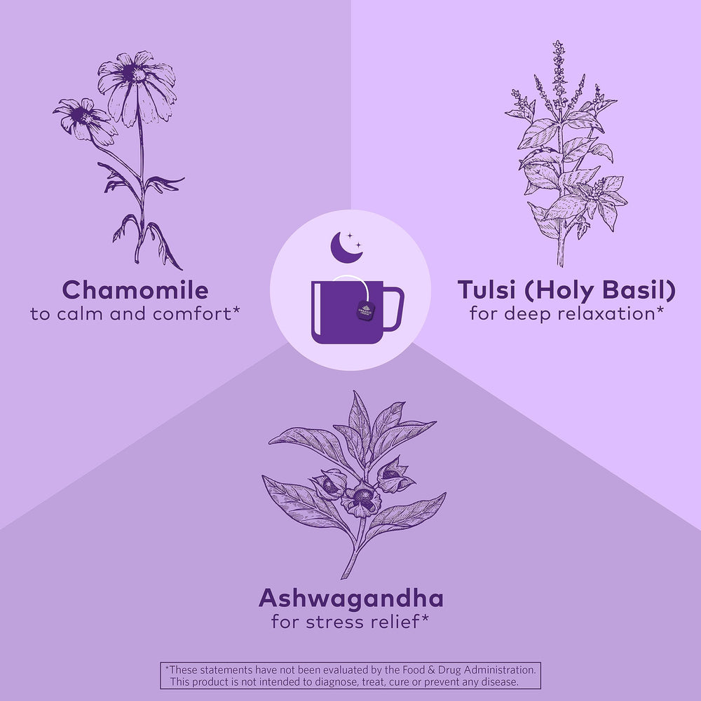 Organic India Tulsi Sleep blend close-up showing chamomile and ashwagandha.