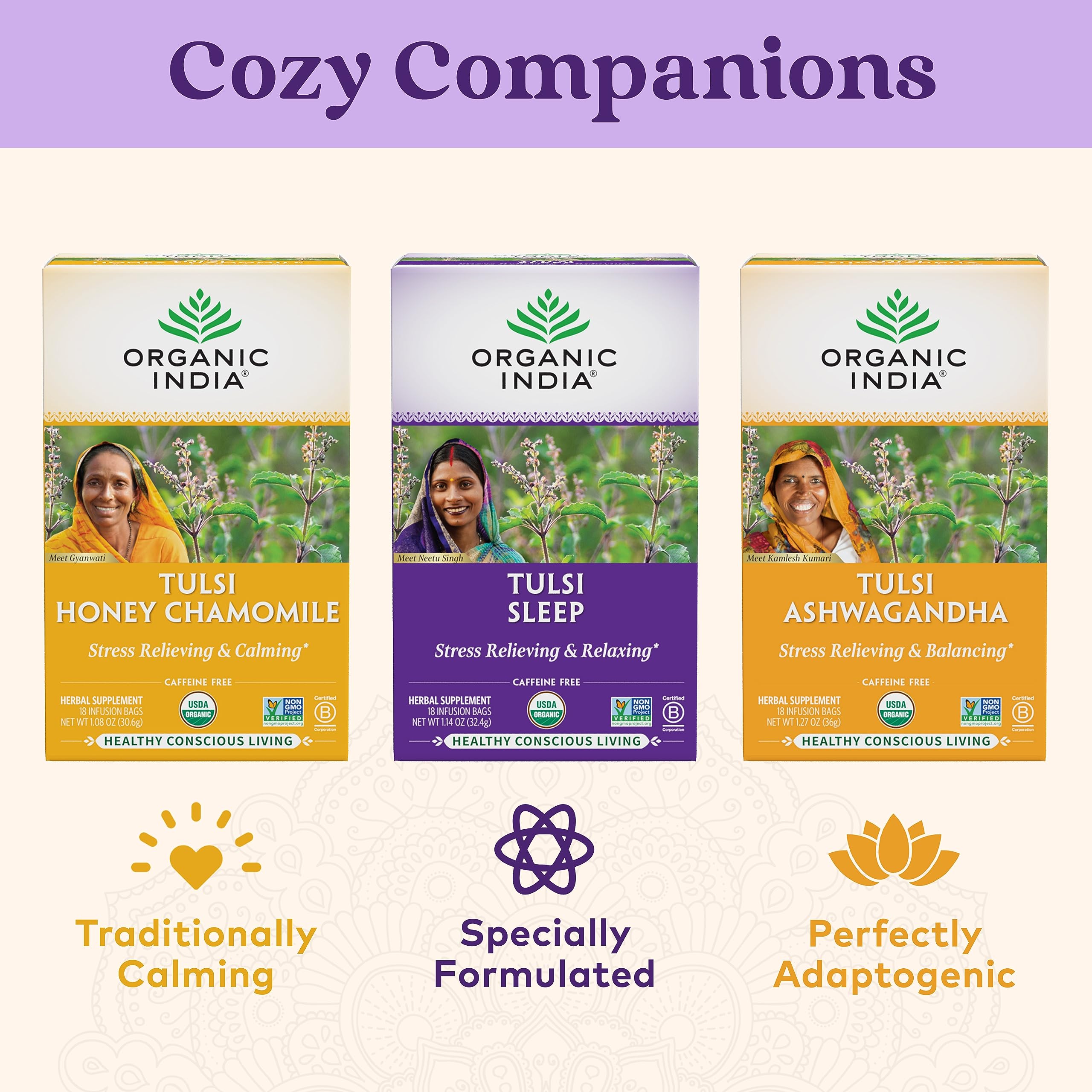 Organic India Tulsi Sleep tea nightstand setup for nighttime routine.