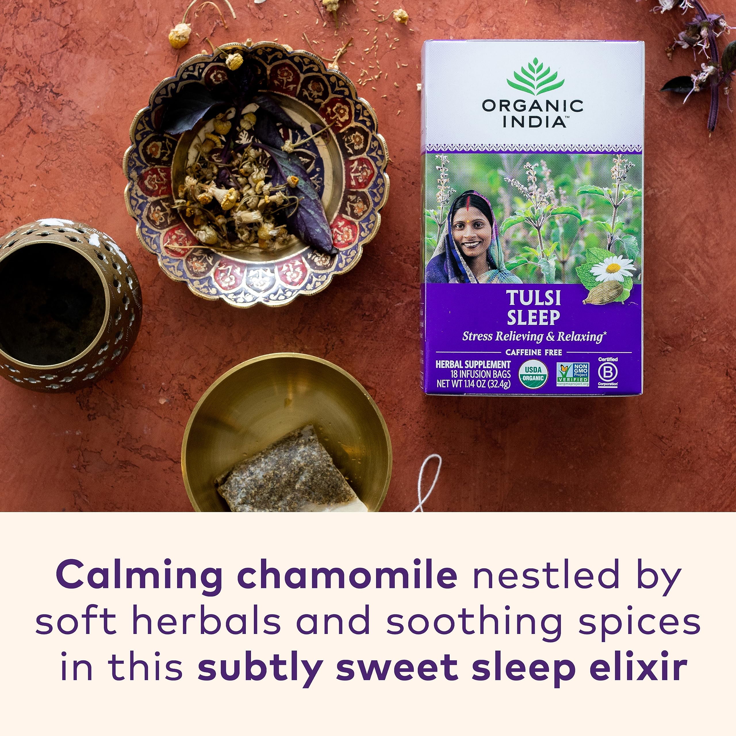 Organic India Tulsi Sleep tea steam over a cozy evening brew.