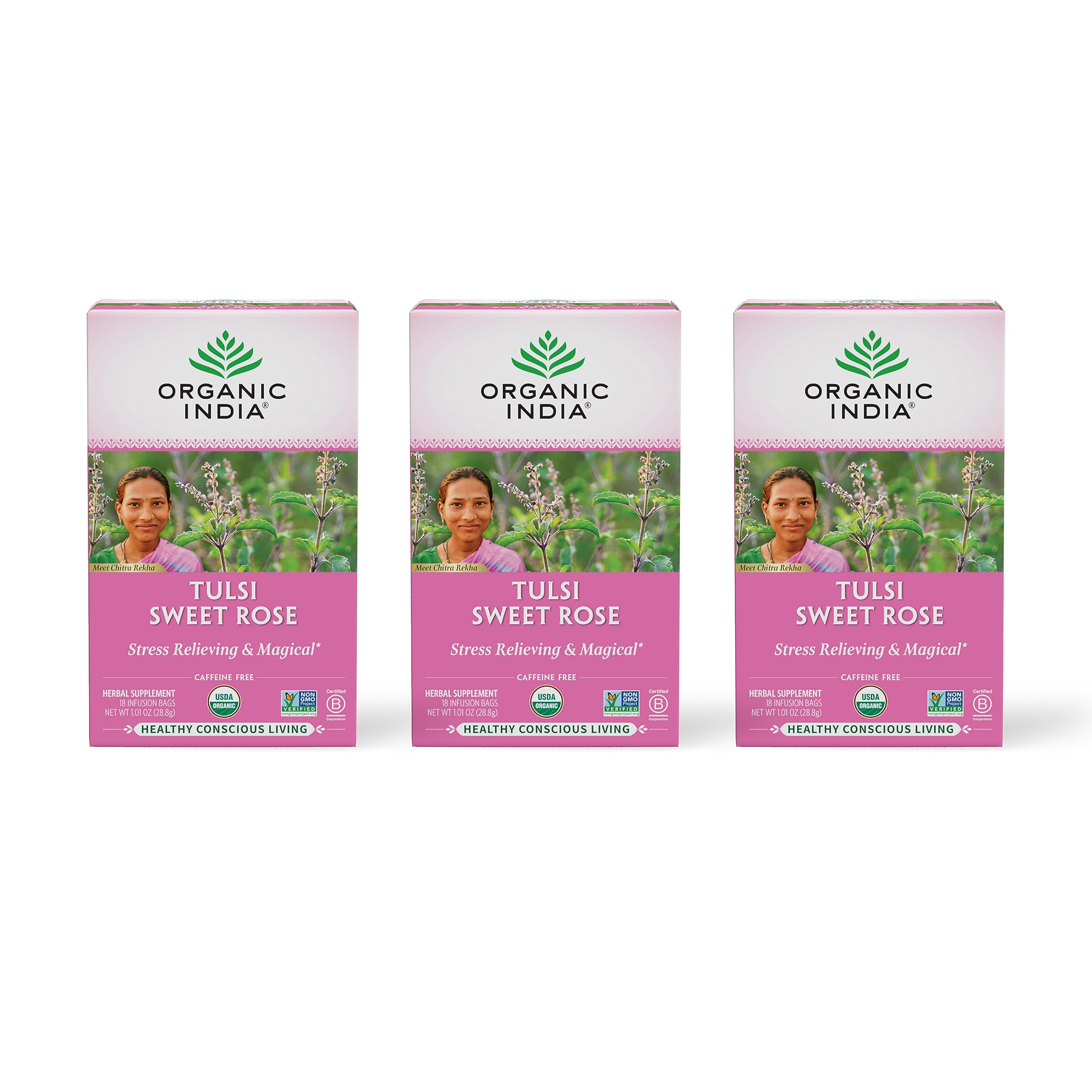 Organic India Tulsi Sweet Rose tea bags create a calming, fragrant moment