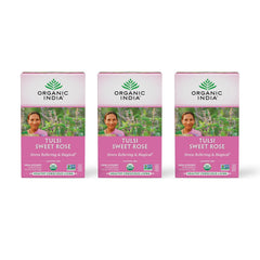 Organic India Tulsi Sweet Rose tea bags create a calming, fragrant moment