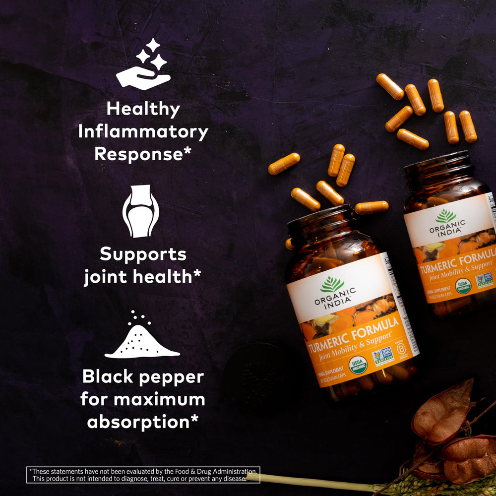 Organic India Turmeric Curcumin blend with black pepper close-up for enhanced absorption