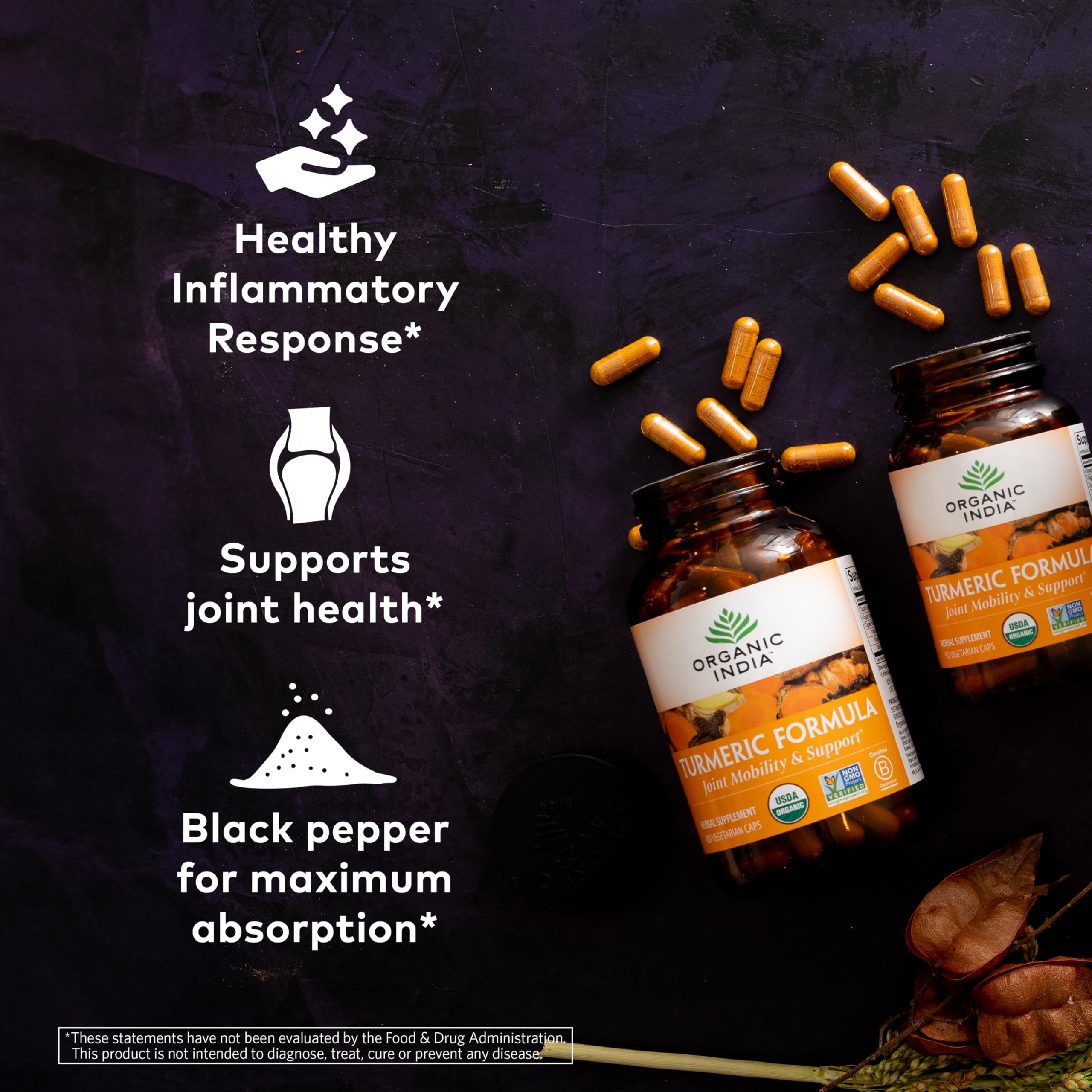 ORGANIC INDIA Turmeric Curcumin rhizomes detail emphasizes whole-root origin and antioxidant support
