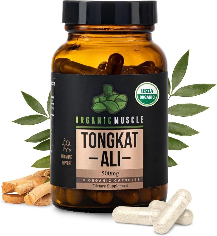 Organic Muscle Tongkat Ali 500mg bottle with capsules for daily vitality.