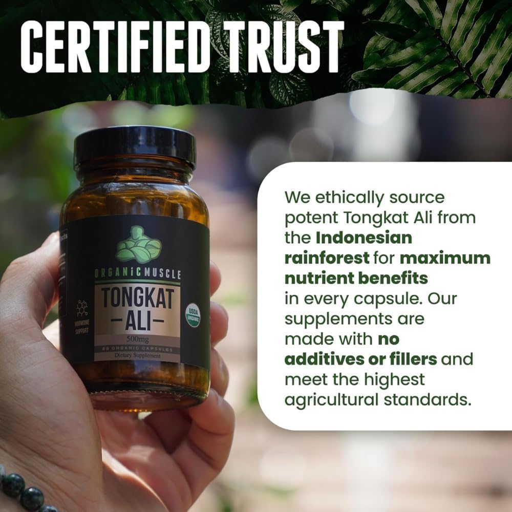 Clear label on Organic Muscle Tongkat Ali bottle highlights pure whole-root formula.