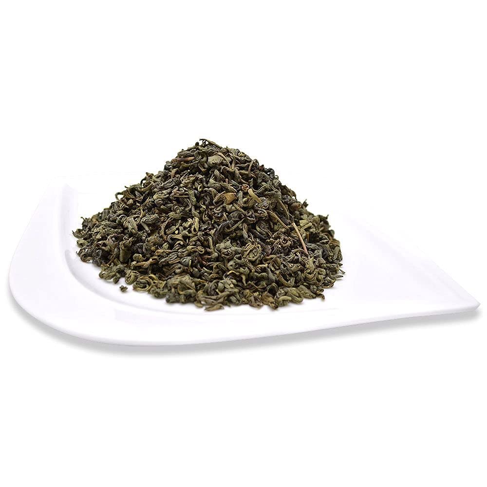 Organic Positively Tea Company pinhead gunpowder cup close captures vegetal notes