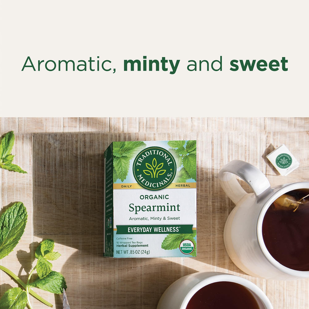Organic spearmint leaves closeup from Traditional Medicinals.