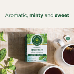 Organic spearmint leaves closeup from Traditional Medicinals.
