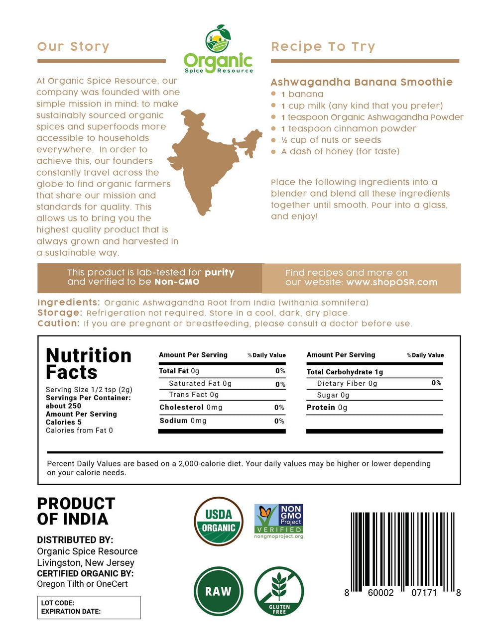 Packaging detail of Organic Spice Resource Ashwagandha powder showing non-GMO labeling