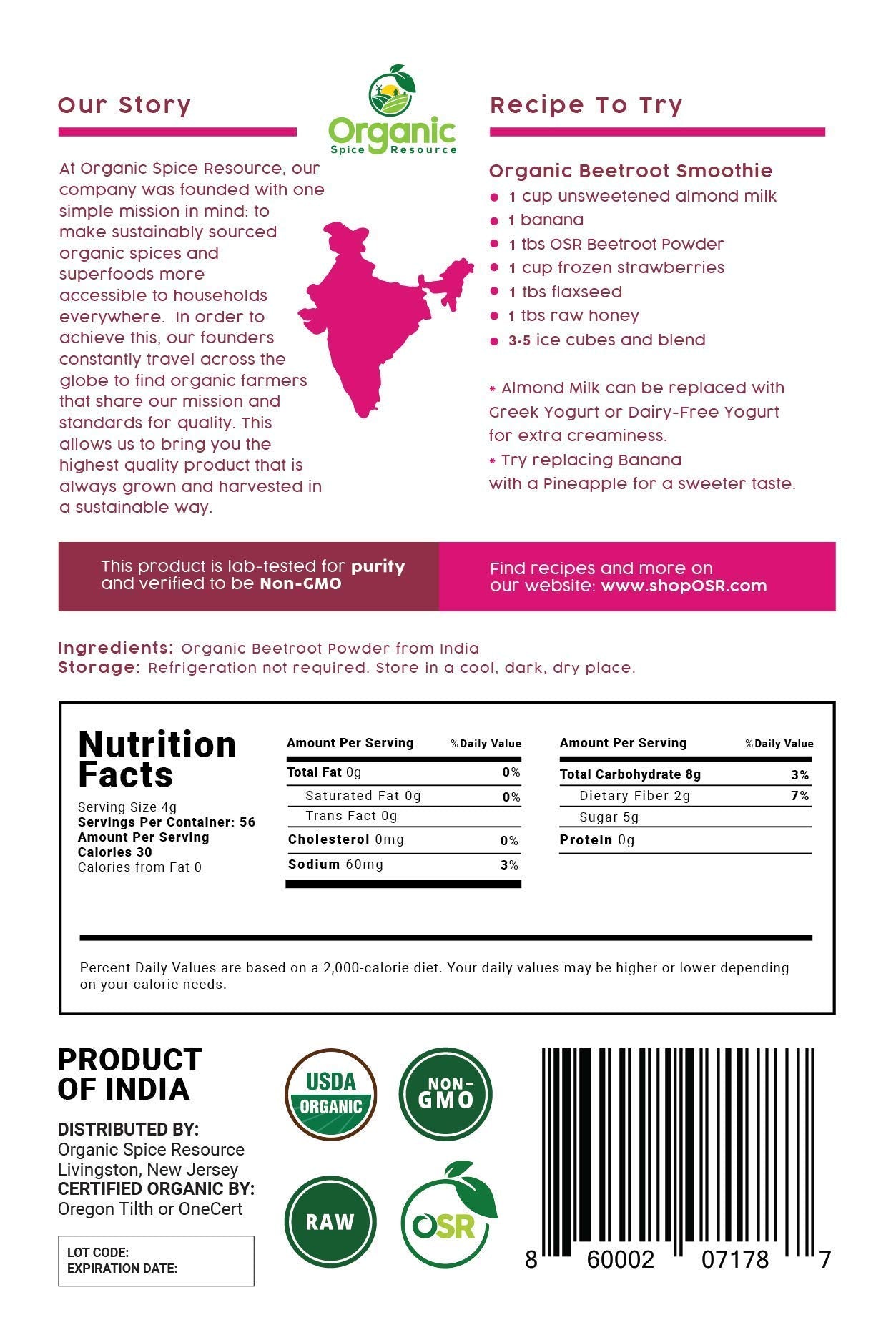 Organic Spice Resource beet root powder package on a clean countertop