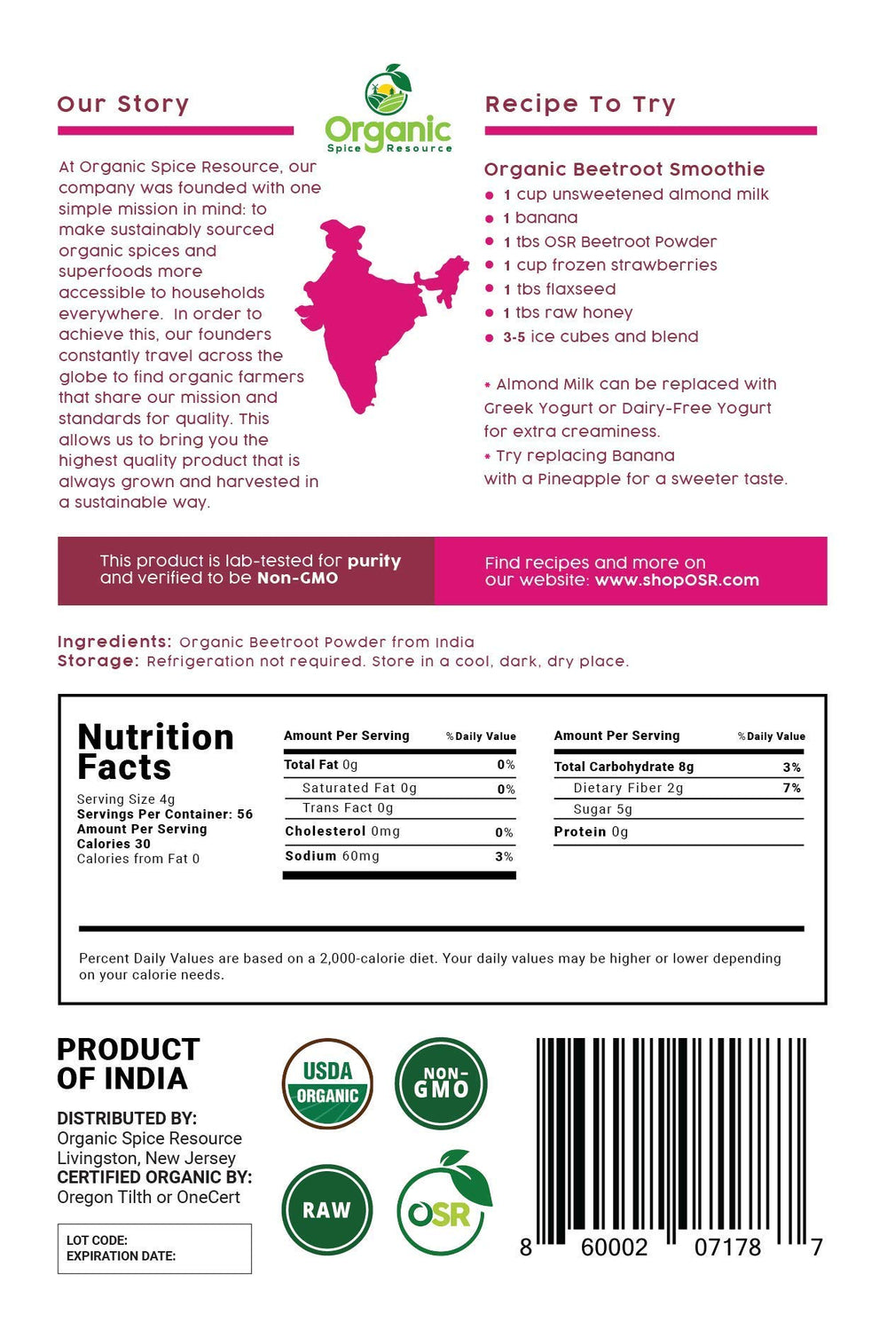 Organic Spice Resource beet root powder package on a clean countertop